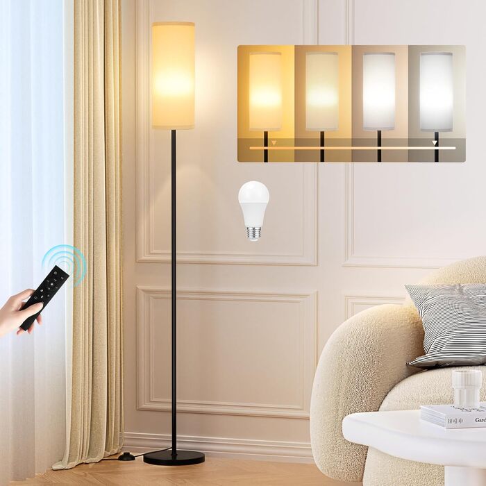 Стельова лампа PreeOtti для вітальні з LED-підсвічуванням, димер, керування пультом, 4 колірні температури, регулювання яскравості, сірий абажур з тканини, для вітальні, спальні, офісу
