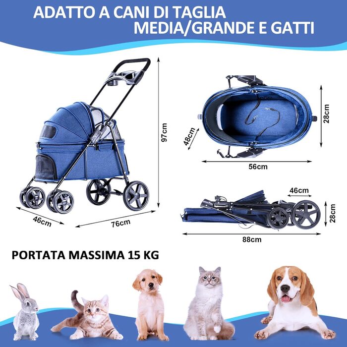 Візок для собак, складаний, переноска для тварин до 15 кг, візок для котів, блакитний