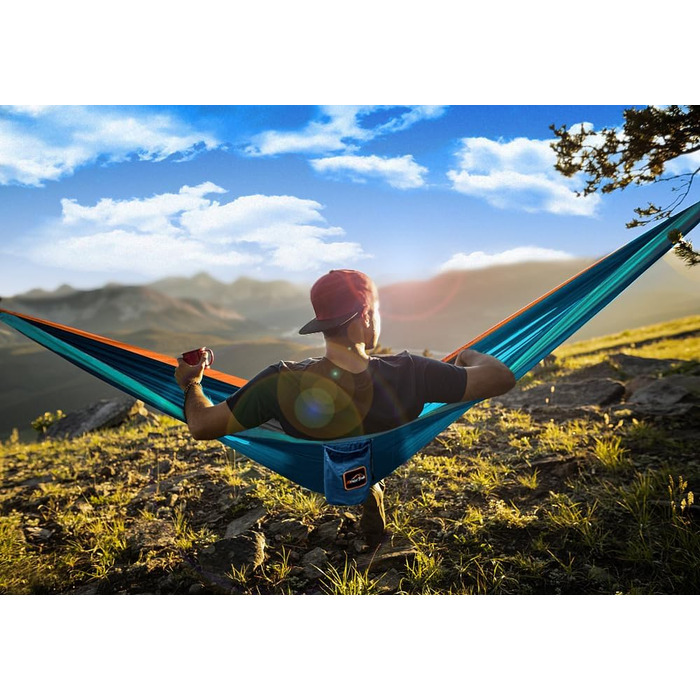 Намет-гамак для 2 осіб, 300x200 см, до 249 кг, ультралегкий, з ременями для дерев, дихаючий, для кемпінгу, подорожей, туризму, саду (синій/темно-синій/оранжевий)