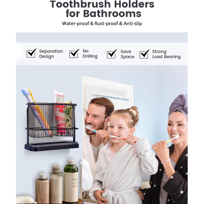 KONE Toothbrush Holder, Wall Mount, Bathroom, Hanging Electric Toothbrush Holder with 2 Removable Compartments, Drainage, Dry and Wet Separation for Bathroom, Kitchen, Family (White) (Black)