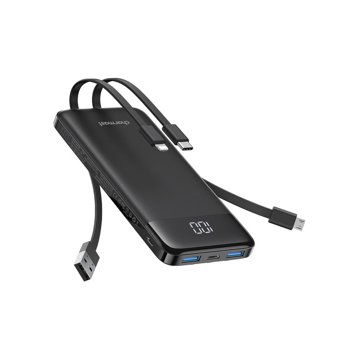 Powerbank Charmast 10000mAh з 4 кабелями, 6 виходами та 3 входами. Сумісний з iPhone, iPad, Samsung. Чорний