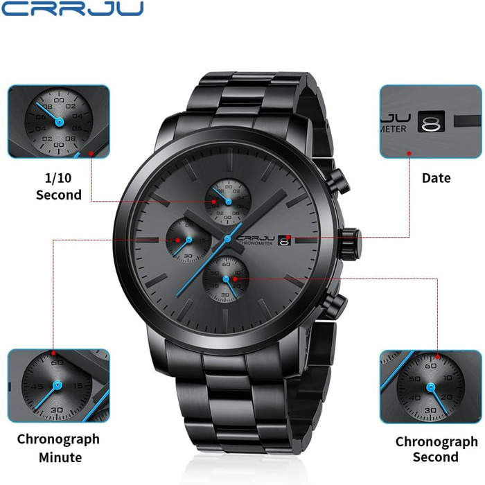 Чоловічий годинник CRRJU з хронографом, сталевий браслет, водонепроникний, чорний, з датою, аналоговий кварцовий годинник для бізнесу, чорно-синій