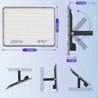 LED Floodlight Outdoor 300W, Outdoor Floodlight 30000LM, Waterproof LED Outdoor Floodlight IP67, 7000K Cold White Super Bright Outdoor Spotlights for Warehouse, Garden, Garage, Yard, Factory, Parking Lot (200W-2PC)