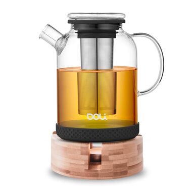 Скляний чайник Doli 1,5 л з ситечком із нержавіючої сталі та підставкою-підігрівачем, чорний, для гарячих та холодних напоїв, BPA-free