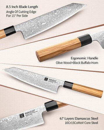 Японський ніж Kiritsuke XINZUO з дамаської сталі, 21.5 см, Gyuto, ручка з оливкового дерева та чорного рогу буйвола, ручна робота, з піхвою