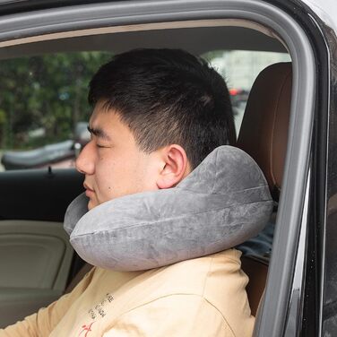 Надувна подушка для подорожей з м'якого велюру - підтримка шиї для авто, літака, поїзда, офісу. Сіра, з сумкою.