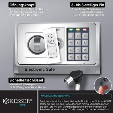 Електронний сейф KESSER® настінний, 31x20x20 см, з подвійним замком, LED підсвіткою, сталевий (срібний, XL)