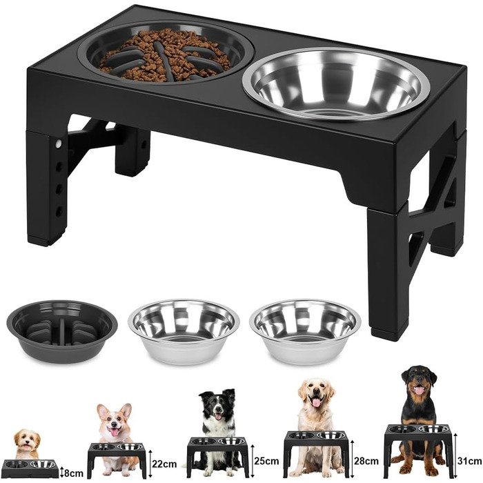 Підвищений годівниця для собак з регулюванням висоти, 5 рівнів, 2 миски з нержавіючої сталі та 1 миска з захистом від протікання. Підвищена станція для годування собак. Підходить для собак маленьких, середніх та великих порід.