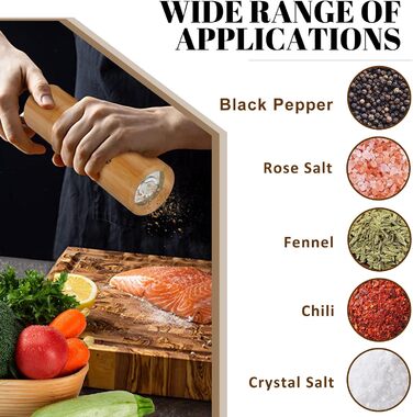 BOCHION Salt and Pepper Grinder Set, Wooden Grinder Set Large with Coaster, Salt and Pepper Grinder with Adjustable Ceramic Grinder, Grinding from Coarse to Fine, for Pepper, Salt, Spices, 2-Piece Set 18 cm