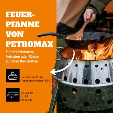 Petromax Frying Pan with Handle - Frying pan made of cast iron suitable for all types of grills and stovetops, gas flames, ovens, or outdoor cooking - Searing, simmering, and roasting with a non-stick effect - Diameter (25 cm)
