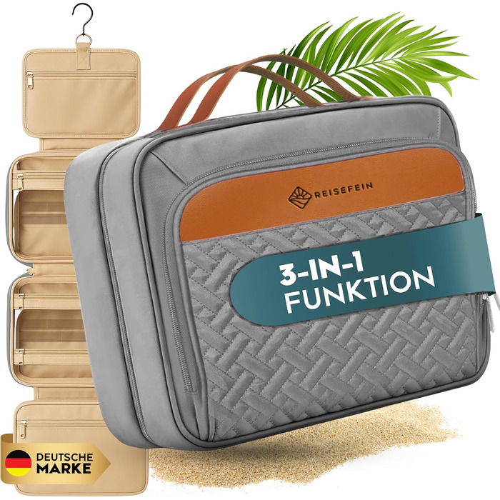 Косметичка для жінок велика 3-в-1 з гачком для підвішування, 4 відділення, відділення для прикрас та косметичка – практична дорожня косметичка сірого кольору