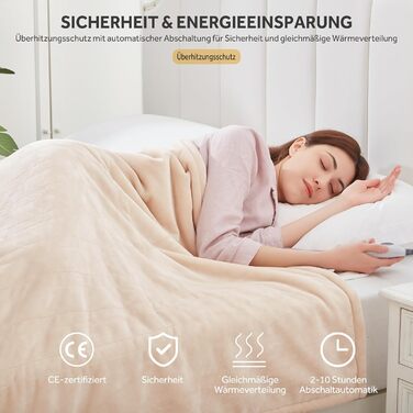 Електрична ковдра Warmrest з фланелі, 130x180 см, 6 температурних режимів, таймер 1-10 годин, автовимкнення та захист від перегріву, можна прати, бежева