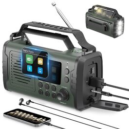 Радіо на механічному заводі DAB+ FM 20000mAh, Аварійне радіо DAB+ з сонячною панеллю та Bluetooth, Радіоліхтарик з зарядкою для телефону та компасом для виживання (Зелений)