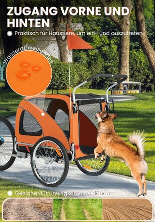 SEPNINE® Велосипедна причепа для собак XL, 2-в-1: причеп та візок для собак з відбивачами та гальмом, матеріал: 600D Oxford Canvas, максимальне навантаження 40 кг, помаранчевий колір
