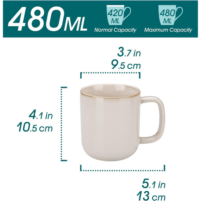 Набір кавових чашок Vancasso PLAYA, 6 шт, 480 мл, з ручкою, з кераміки, для мікрохвильовки та посудомийної машини, бежевий