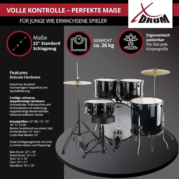 XDrum Rookie 22' барабанний комплект Standard Black - ідеальний для початківців, стильна фурнітура, з паличками 5B, інструкцією та школою барабанщиків