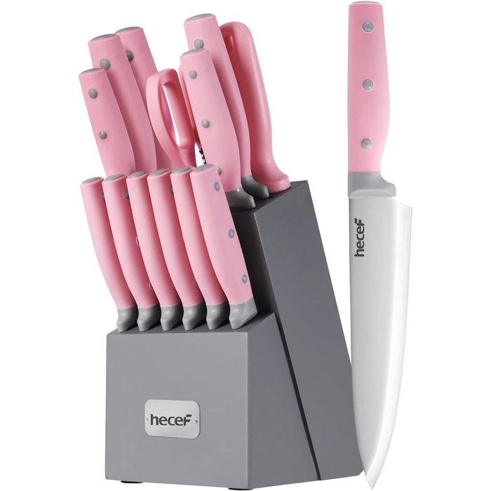 Набір ножів Hecef 14 предметів з дерев'яним блоком, професійний набір кухонних ножів з нержавіючої сталі, з ножицями/ножем для стейку/точильним інструментом (рожевий)