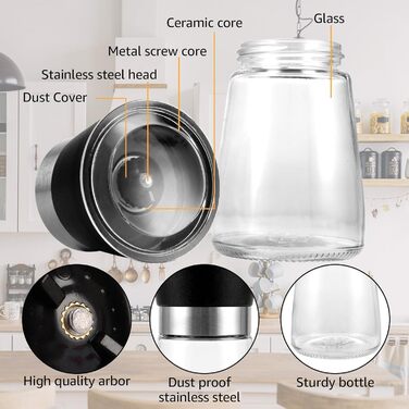 Набір з 8 мельниць для солі та перцю, ручні, з регульованим керамічним жорном, 13.5X6.4 см, прозорі, для різних спецій