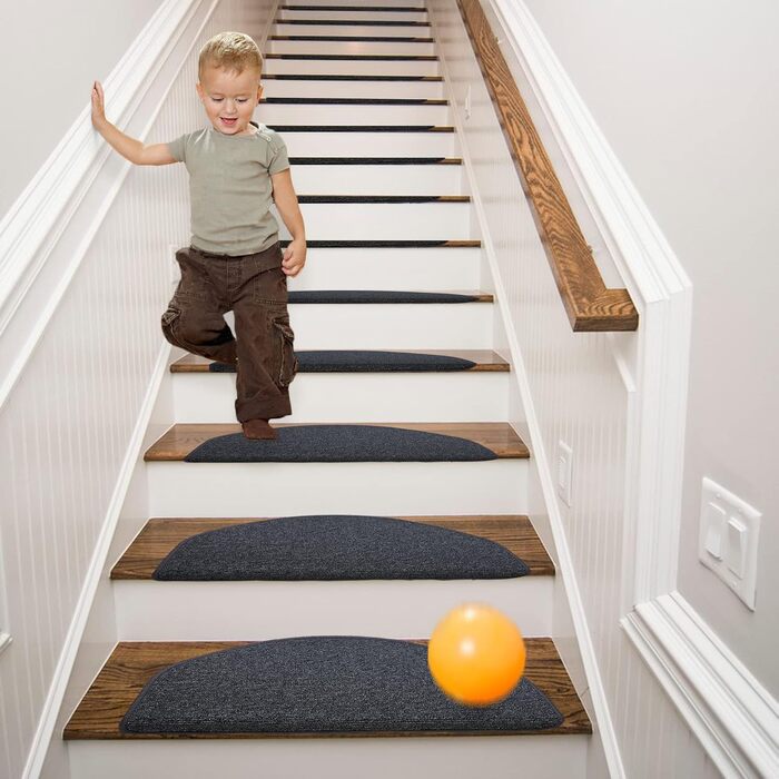 Rina Non-Slip Stair Treads - 22x65 cm - 15 Piece Set - Dark Grey Adhesive Anti-Slip Carpet for Wooden Stairs - Indoor Safety