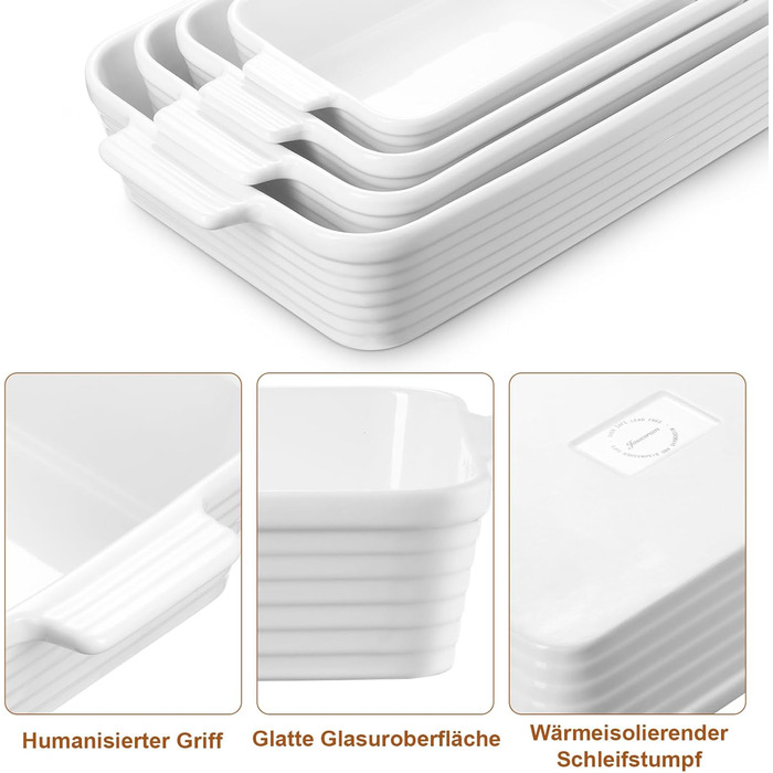 Набір форм для запікання Jassceram з кераміки (4 шт.) – глибокі прямокутні форми для лазаньї та випікання. Великий набір порцелянових форм для духовки, підходить для приготування брауні, банкетів. Розміри: 9.6'/11.5'/13.1'/15.2'