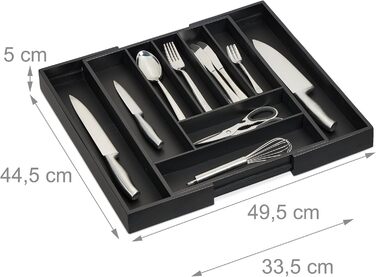 Relaxdays Cutlery Box Extendable, Bamboo, HBT: 5 x 33.5-49.5 x 44.5 cm, 7-9 Compartments, Cutlery Insert Drawer, Black