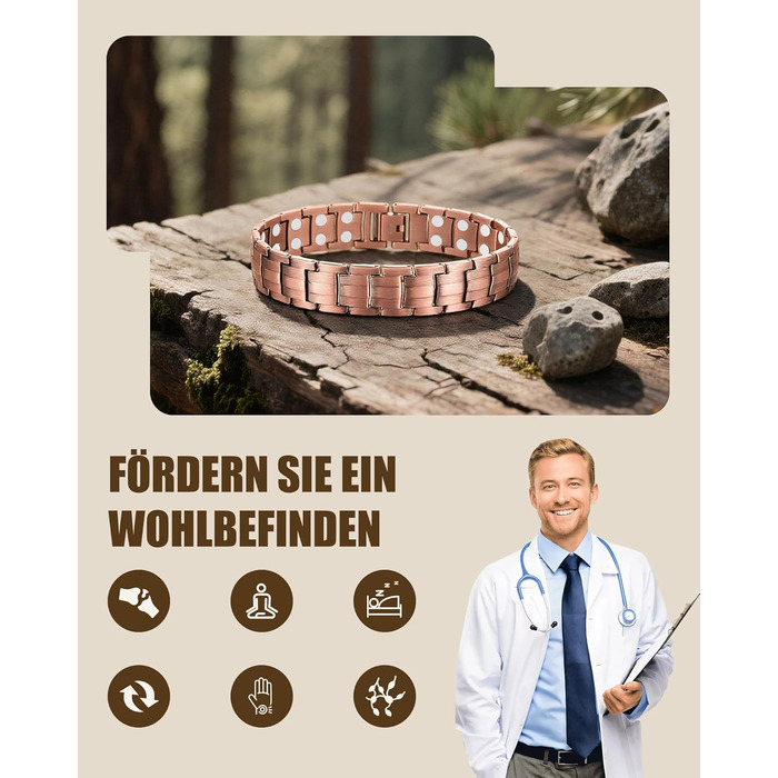 Масивне браслет на зап'ястя для чоловіків Jecanori з міді, регульований розмір, магнітний браслет з 3500 Гаус, подарункова коробка