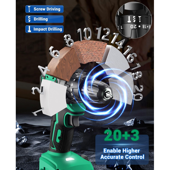 Акумуляторний шуруповерт BETENST 21V: 42Nm, 2.0Ah, 25+3 рівня крутного моменту, 2 швидкості, 10 мм патрон, LED, 30-ти елементний набір для дому, саду, DIY