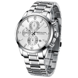 MEGALITH Чоловічий годинник з нержавіючої сталі, Хронограф, Водостійкий, Аналоговий годинник для чоловіків, Бізнес-дизайн, Календар, Світіння (B-silver)