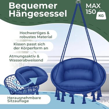Підвісне крісло-гойдалка KESSER, 150 кг, з подушкою, сталеві кільця, плетене, з китицями, для саду та дому, водовідштовхувальне, синє