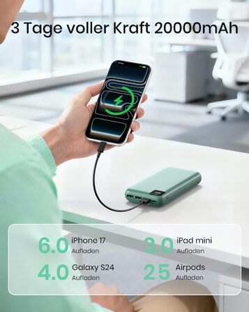 Power Bank A ADDTOP 20000mAh 22.5W: Зовнішній акумулятор для телефону з USB-C, портативний зарядний пристрій 4-в-1, зелений