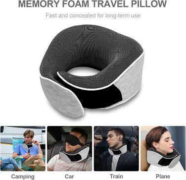 Подушка для шиї з піною з пам'яті Memory Foam, комплект з маскою для очей, берушами та чохлом, ергономічна туристична подушка (світло-сіра)