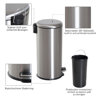 HOMCOM 30L Stainless Steel Pedal Bin with Inner Bucket, Flip Lid, Hygienic and Silver for Kitchen and Bathroom