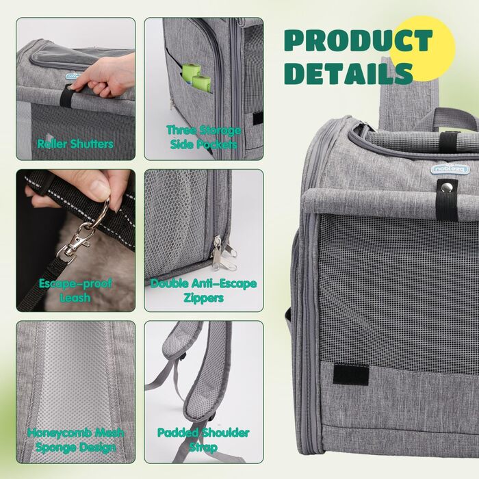 Розширюваний рюкзак для собак та котів Nobleza з сіткою, зручний та складаний, з внутрішньою безпечною лінійкою та килимком, сірий