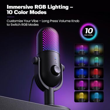 USB Мікрофон для ПК, Gaming RGB Zubehör PS4/PS5: Студійний мікрофон з регулюванням гучності, ехо та кнопкою вимкнення звуку для YouTube, Streaming, Подкастів, Windows/Mac