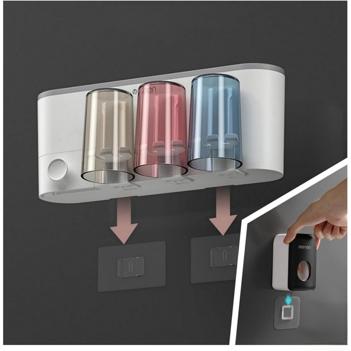 Toothbrush holder without drilling, wall mount, bathroom shelf, with 1 automatic toothpaste dispenser, 6 brush hooks, 1 cosmetic drawer, organizer, and ample storage space (1 dispenser + 3 cups) (1 Dispenser)