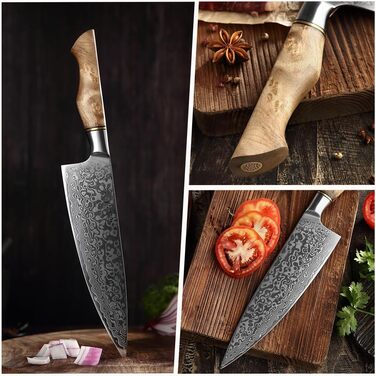 HEZHEN Професійний ніж кухарський 21 см Дамаск, VG10, серія Gyuto Master, кухонний ніж з ручкою з берези для дому та ресторану
