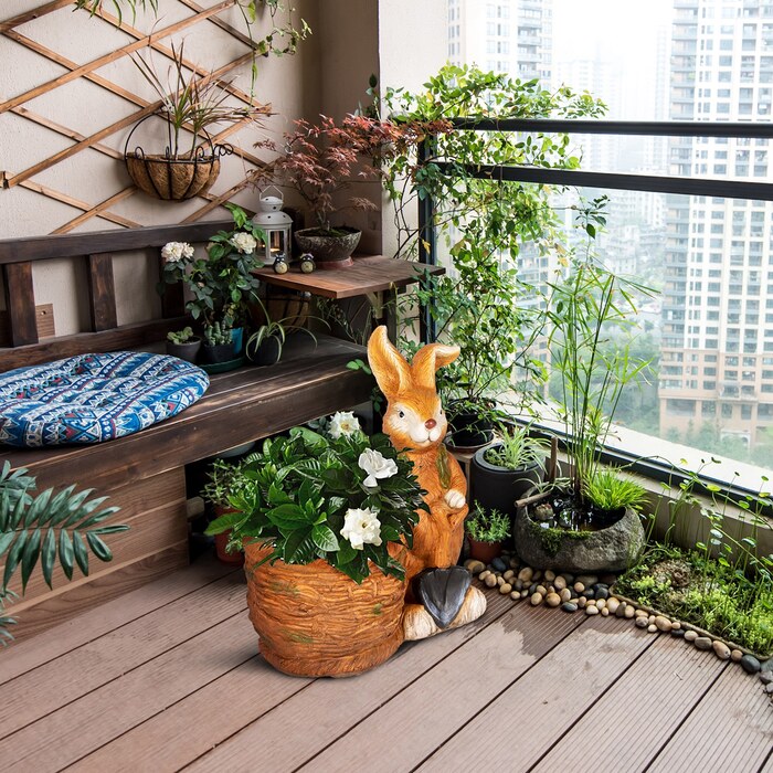 Outsunny Flower Pot Bunny with Willow Basket Design Herb Pot with Drainage Hole for Garden and Living Room MgO