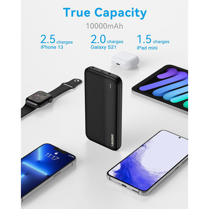Power Bank GREPRO 10000mAh: компактний зарядний пристрій з USB-C та 2 USB виходами, чорний