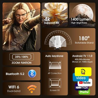 Портативний проєктор Mini Beamer 4K FHD (1920x1080) з Wi-Fi, Bluetooth та Android/iOS підтримкою для домашнього кінотеатру, білий