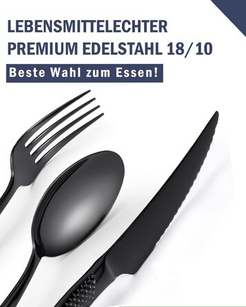 Сучасний набір столових приборів на 24 предмети: чорний, з нержавіючої сталі 18/10, з ножем 2-в-1 з хвилястим лезом, для 6 осіб