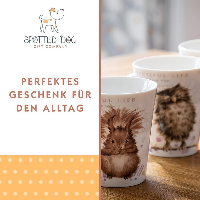 SPOTTED DOG GIFT COMPANY - Coffee mugs with beautiful animal motifs - Ceramic coffee cups - with owl, squirrel, goose, and chicken designs - Gift for animal lovers - Set of 4