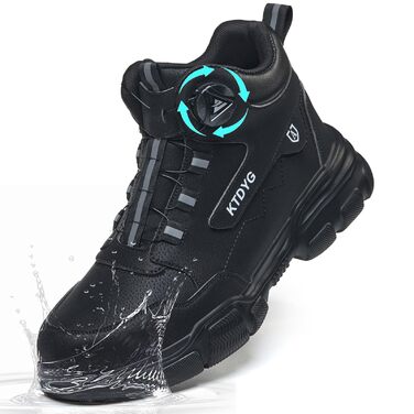 Черевики безпеки для чоловіків та жінок, водонепроникні робочі черевики, легкі спортивні черевики, черевики з металевим підноском, чорні, з поворотним затвором, 41 EU