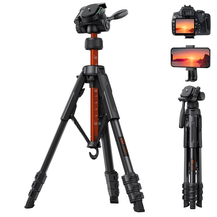 Штатив для камери та смартфона Lamicall Tripod: посилений трипод з швидким відкриттям, вантажопідйомність 8 кг, висота до 170 см, 4 рівні регулювання, помаранчевий