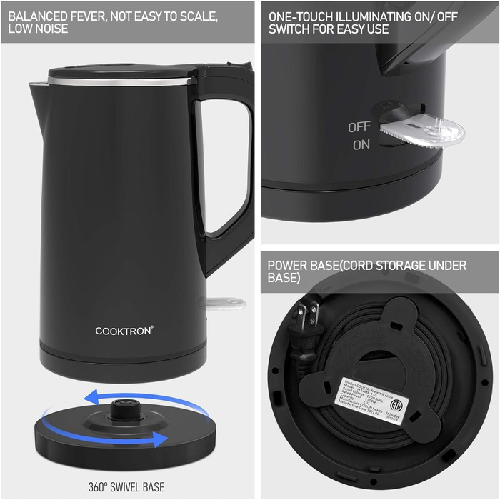 Електричний чайник Cooktron з нержавіючої сталі, 1.7л, тихий (<30дБ), без BPA, Cool Touch, подвійні стінки, швидке нагрівання, чорний