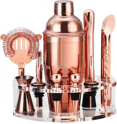 Cocktail Shaker Set, Stainless Steel Cocktail Set with 12-Piece Bar Accessories, 750ML Shaker Bartender Set with Stand, Cocktail Machine Bar Set for Home, Gifts for Men Dad Bartender (Rose Gold)