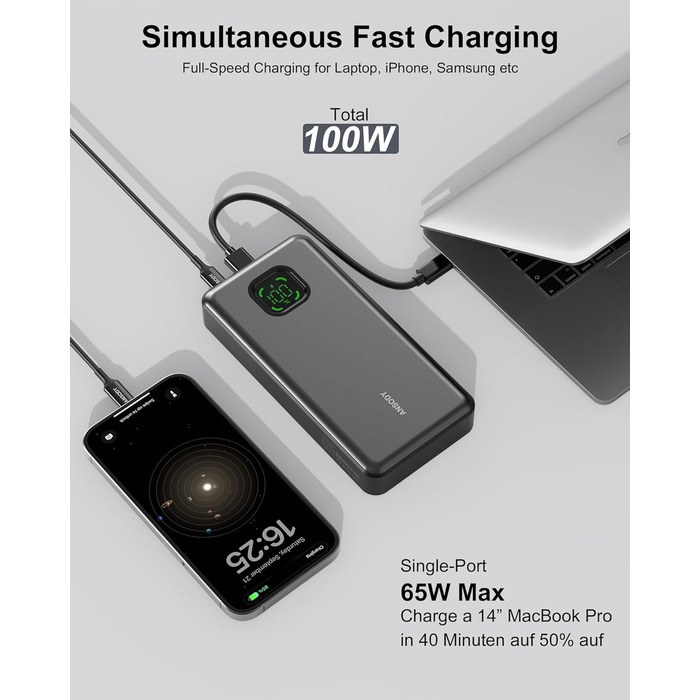 Power Bank 65W 25000mAh Klein Aber Stark для ноутбука та iPhone/iPad: портативний акумулятор з LED дисплеєм, USB-C, сірий