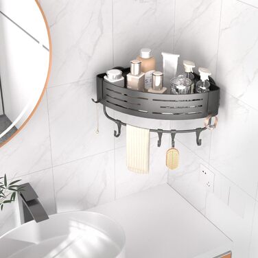 Двомісне куткове поличок для душу без свердління з присосками, водонепроникний органайзер для ванної кімнати, з тримачем для рушників, для шампуню та гелю для душу, чорний матовий (1 шт. сірий кутовий поличок для душу)