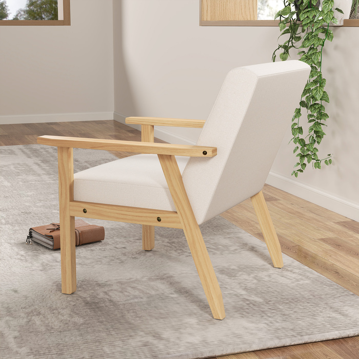 HOMCOM Lounge Chair with Armrests, Dining Chair, Relax Chair in Linen Look, Upholstered Armchair for Living Room, Bedroom, Solid Wood Frame, 64 x 70 x 72 cm, Cream White | Aosom