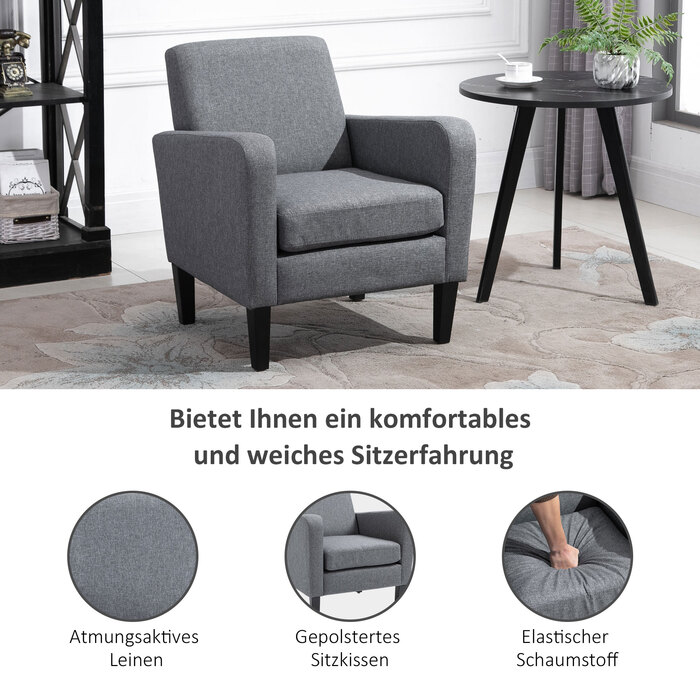 HOMCOM Armchair Single Chair with Cushion, Wooden Feet, Linen Fabric, Light Grey, 66x72x74cm | Aosom