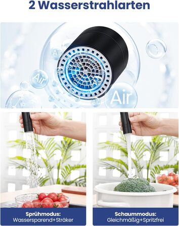 Змішувач для кухні гнучкий чорний, нержавіюча сталь, 2 режими струменя, 360° поворот, кухонний змішувач, преміум якість